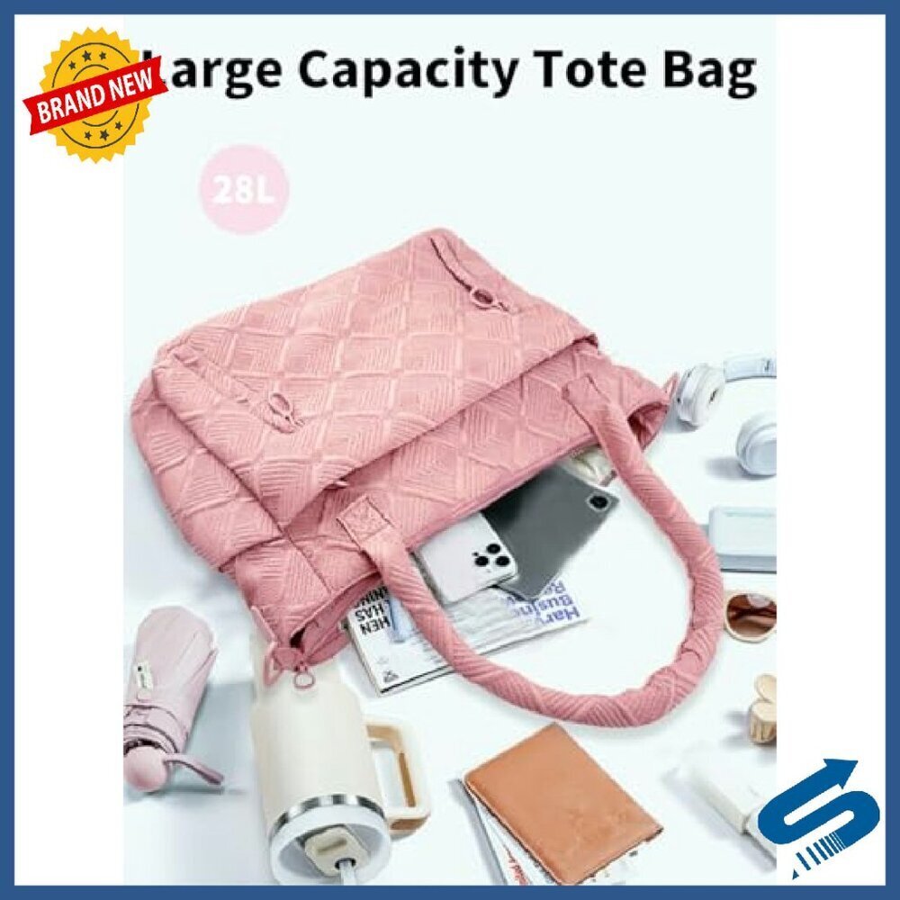 Large Quilted Puffer Tote Bag with Laptop Compartment Lightweight Work Purse - Picture 3 of 8